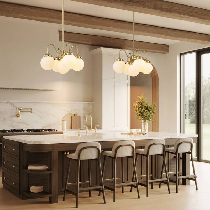 5-Light Mid-Century Modern Brass-Tone & Frosted Glass Chandelier for Living Room - 5 Light