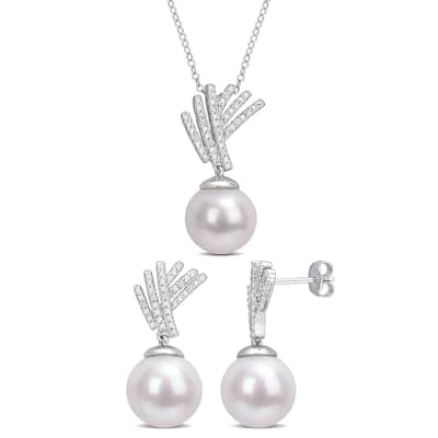 Miadora White Cultured Freshwater Pearl 1/10ct TDW Diamond Jewelry Set Sterling Silver
