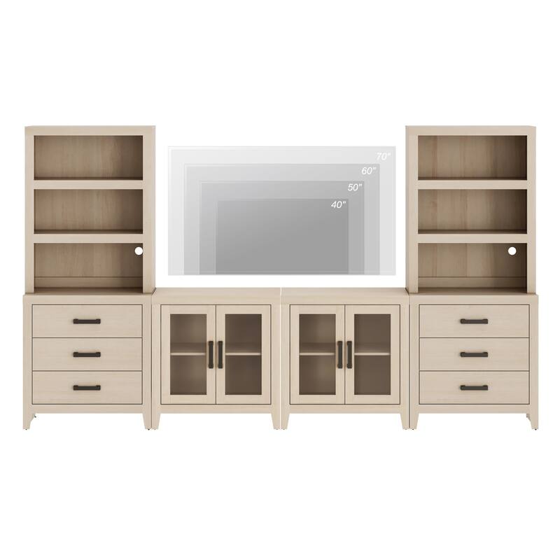 WAMPAT Farmhouse Entertainment Center with Bookshelves, Modular TV Stand with Drawers & Glass Doors - 126"W x 72.2"H x 15.4"D