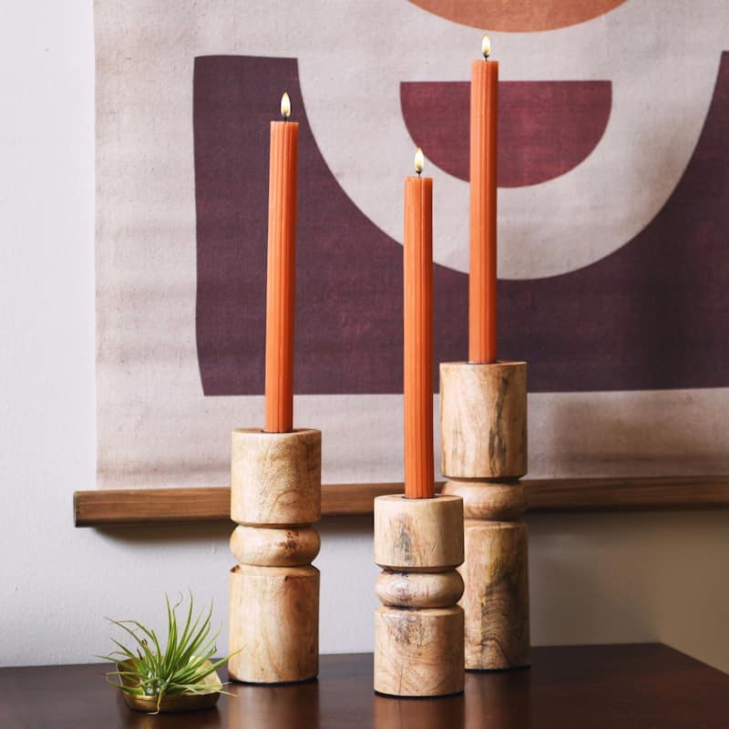 Wood Stack Taper Candle Holders - 7.5"L x 7.5"W x 9.8"H