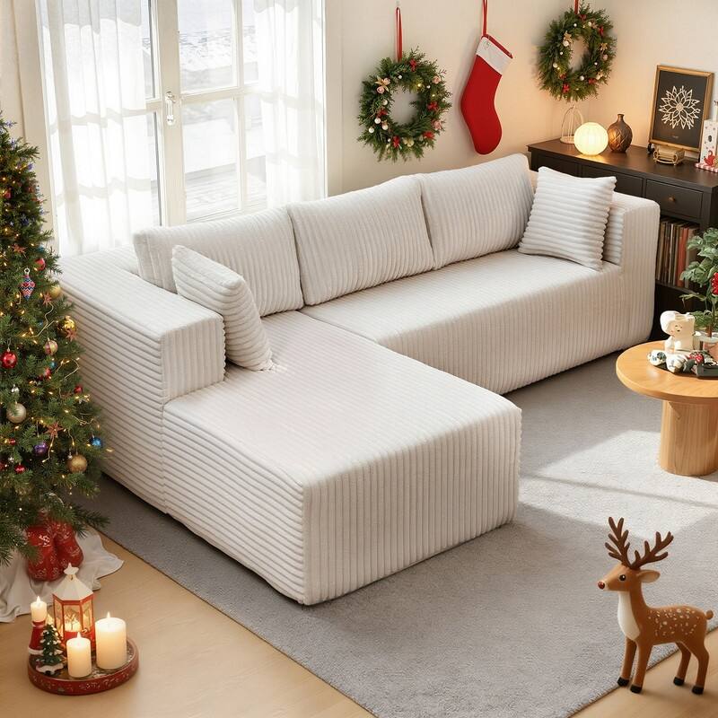 105.11 in. Wide Square Arm 2-Piece Modern Plush Fabric L-Shape Modular Sectional Sofa with Chaise - Beige-Right Chaise