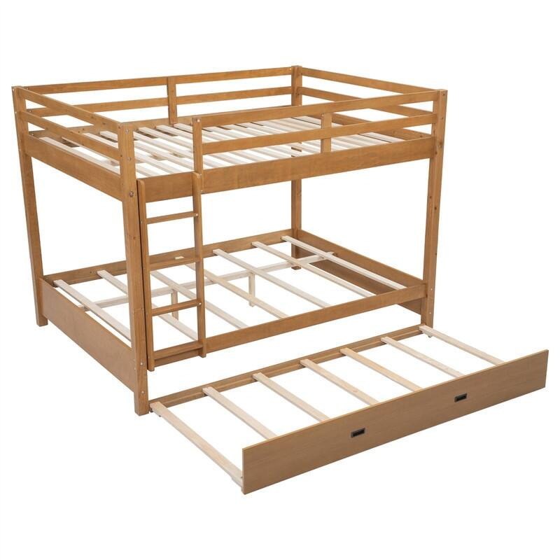 Queen Over Queen Size Bunk Bed with Twin XL Size Trundle, Solid Wood Bunk Bedframe with Ladder and Guardrail for Kids