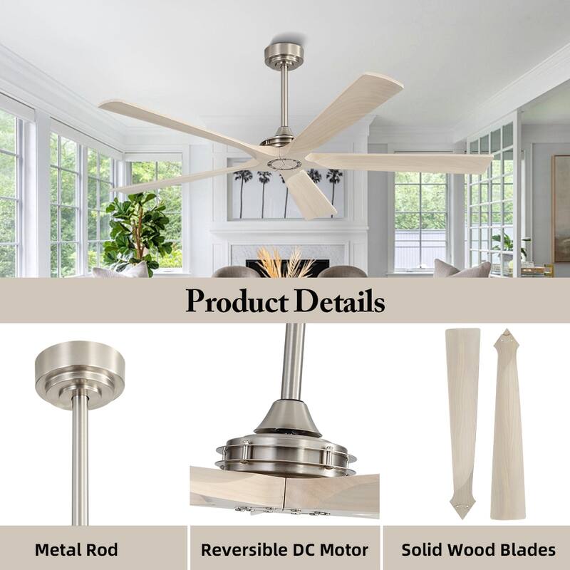 MLiAN 60 in 5-Soild Wood Blades Indoor Standard Ceiling Fan with Remote Down-Rod Mount