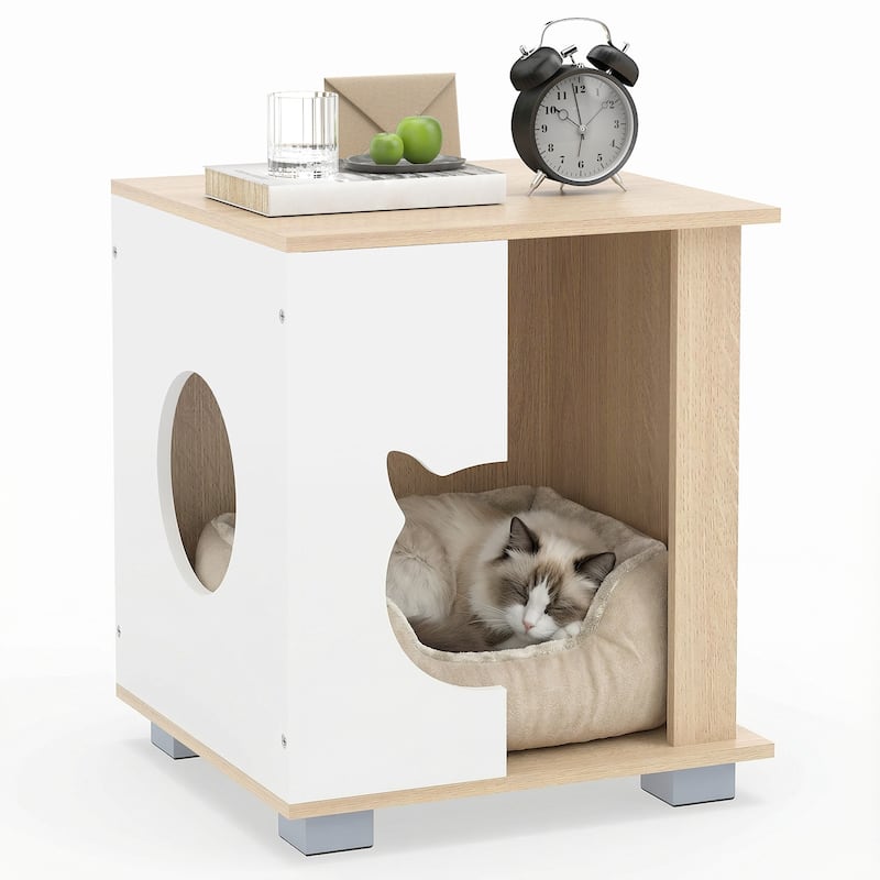 Gymax Cat Bed Side Table w/Head-shaped Entry & Metal Legs Modern End - White - Wood