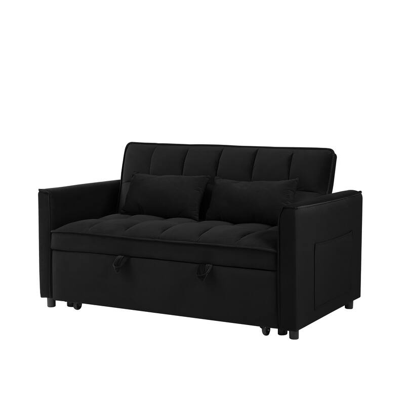 Anmytek 3-in-1 Velvet Sleeper Sofa with Adjustable Backrest and Side Pockets Black Convertible Loveseat