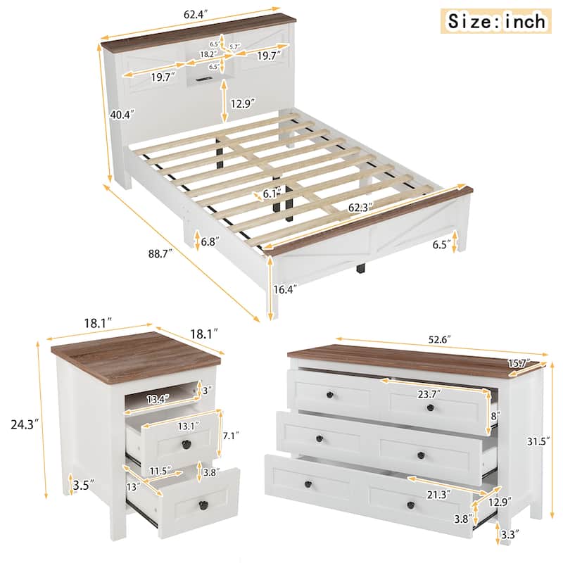 Full / Queen 3-Piece Bedroom Set with Platform Bed Storage Headboard USB Charging Nightstand and Dresser