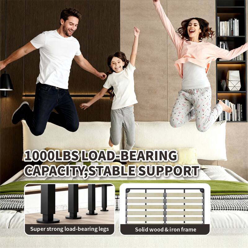 King Size Chenille Cloud Bed Frame, Upholstered Grounding Platform Bed with Oversized Padded Movable Headboard and Round Corner