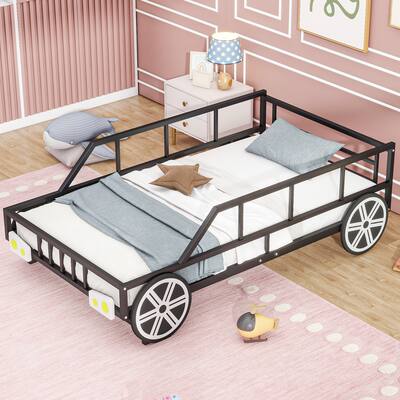 Metal Twin Size Car-Shaped Platform Bed with Wheels and Headlights