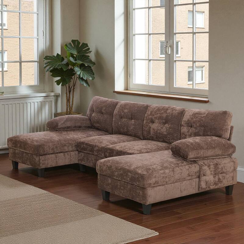 103.5" U-Shaped Sectional Sofa with Dual Chaise Lounges, Chenille Upholstery, Storage Pockets and Armrest Pillows