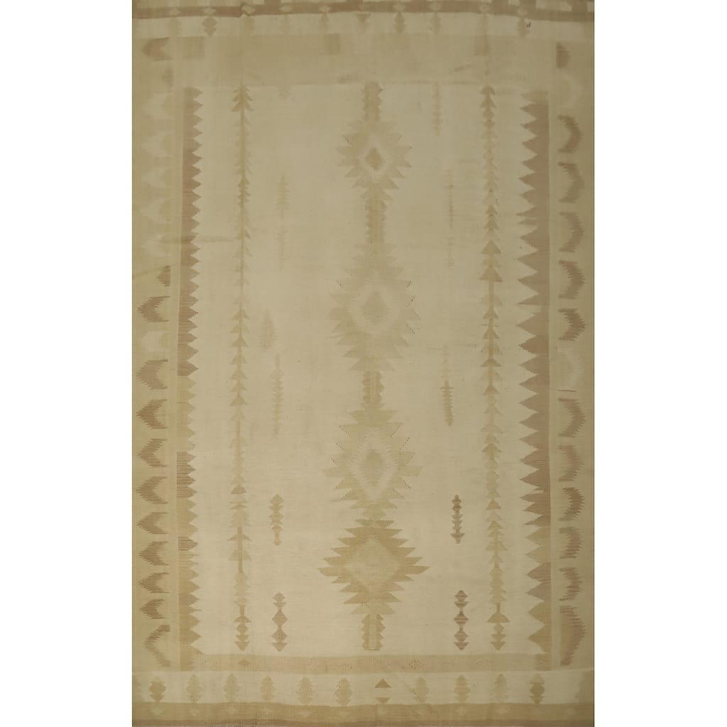 Hand Woven Oriental 100% Wool Carpet Southwestern Tribal Beige & Ivories Kilim Area Rug - 12' 10'' X 9' 9''