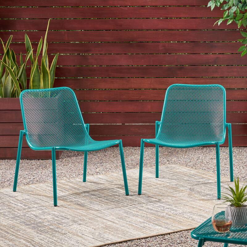 Roomfitters 3 Piece Outdoor Iron Patio Seating Group with Glass Top Side Table - Teal