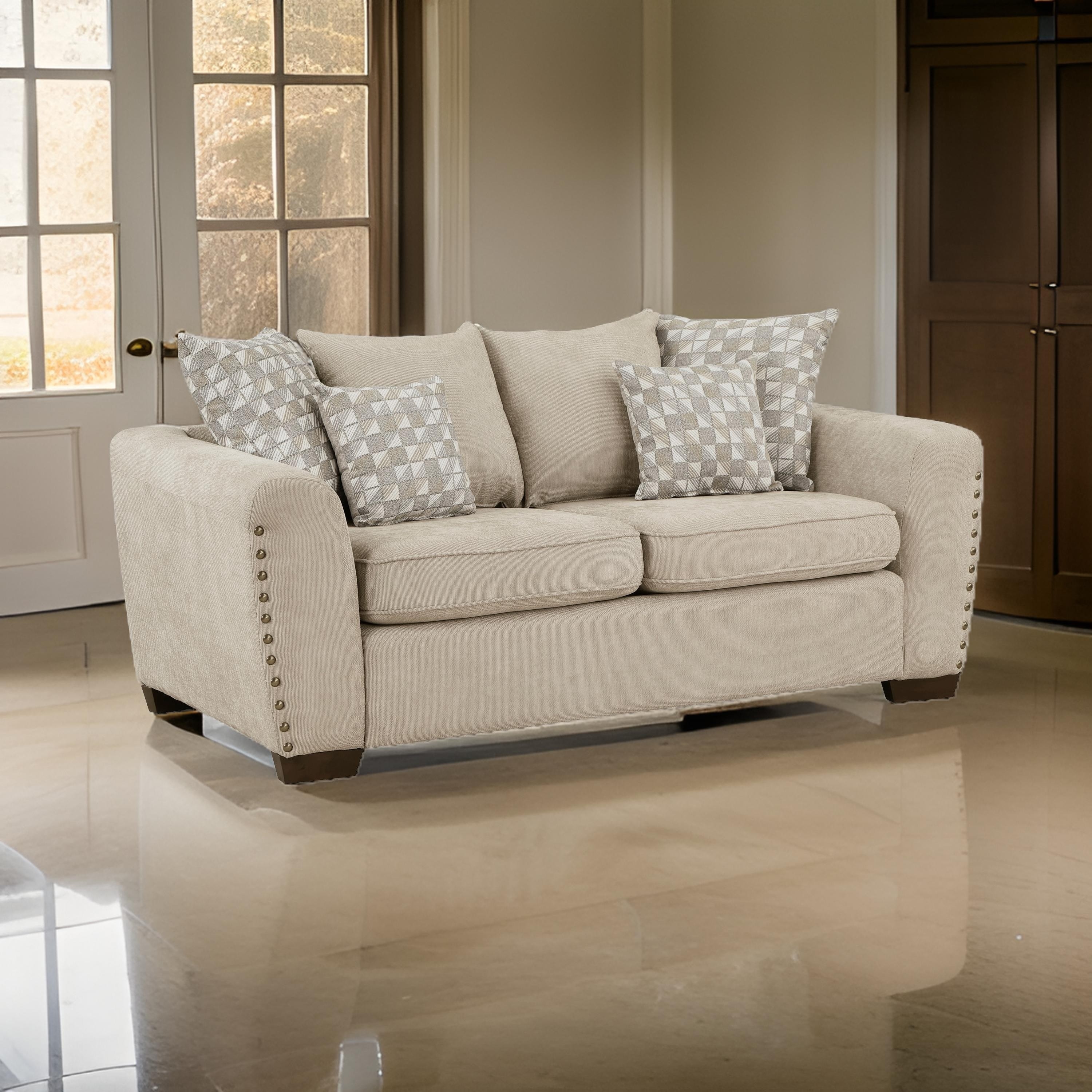 Benjara Gini 70 Inch Loveseat, 6 Pillows, Nailhead Trim, Brown Chenille, Solid Wood