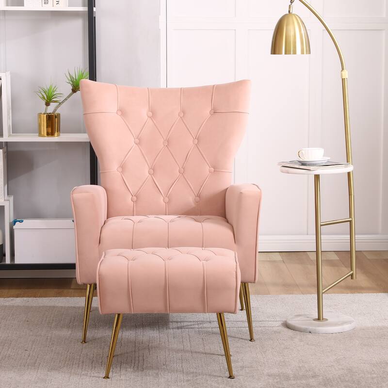 Upholstered Wingback Chair with Ottoman - Hot Pink