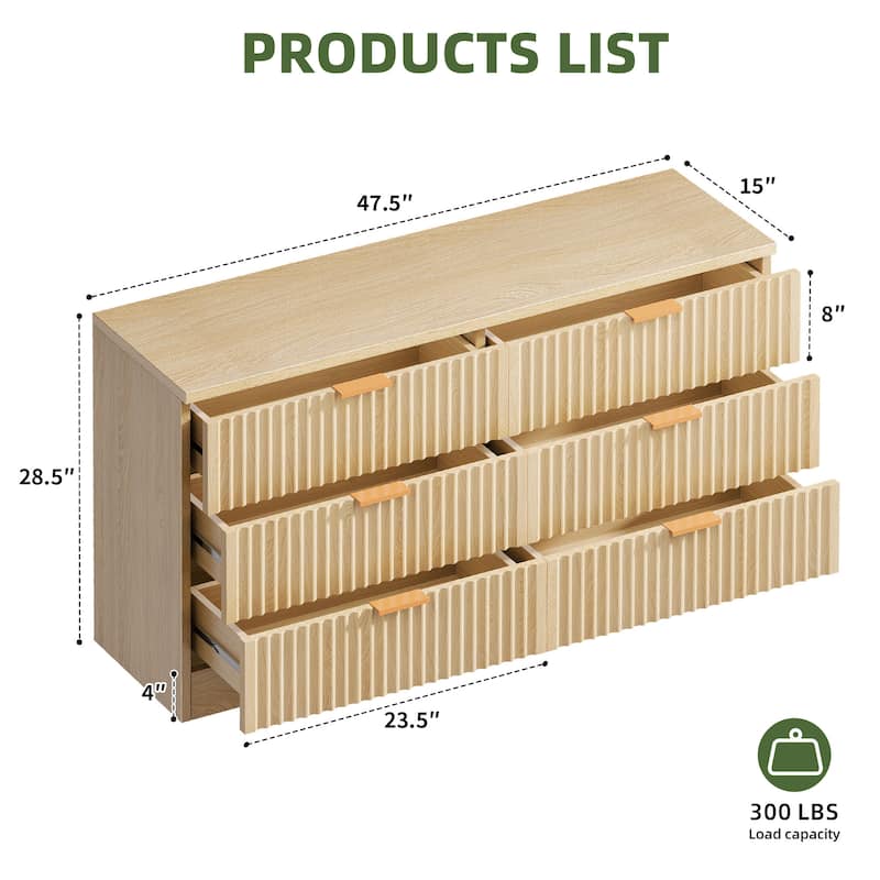 47" Wide Fluted 6 Drawers Dresser, Curved Profile Design Dresser