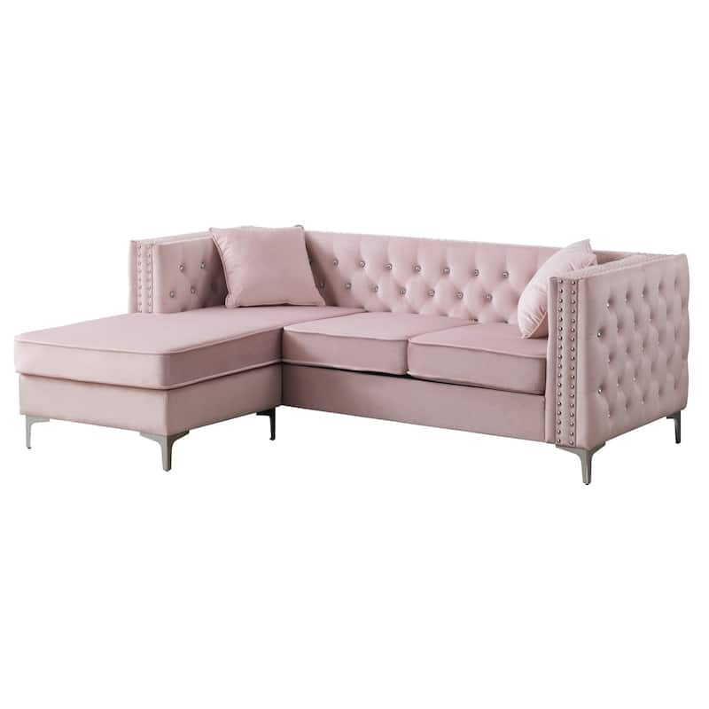 Tufted Velvet L-Shape 3-Seater Sofa with Throw Pillows - 87" - Pink