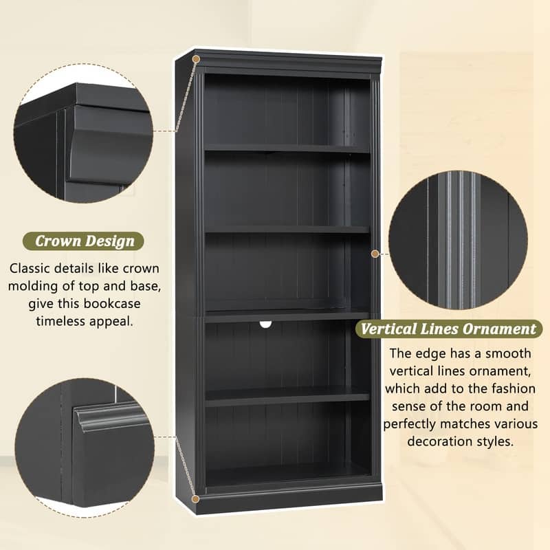 83" Tall Wood Bookcase Suite With Light Strip, Five-Tier Home Decor Bookcase Featuring Adjustable Shelves, Storage Organizer.