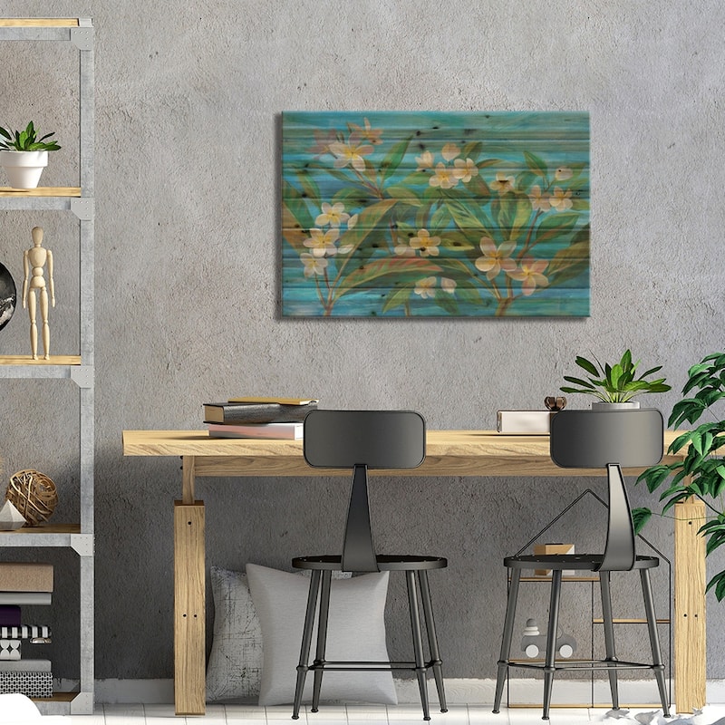 Oceanside Plumeria Print On Wood by Silvia Vassileva - Multi-Color