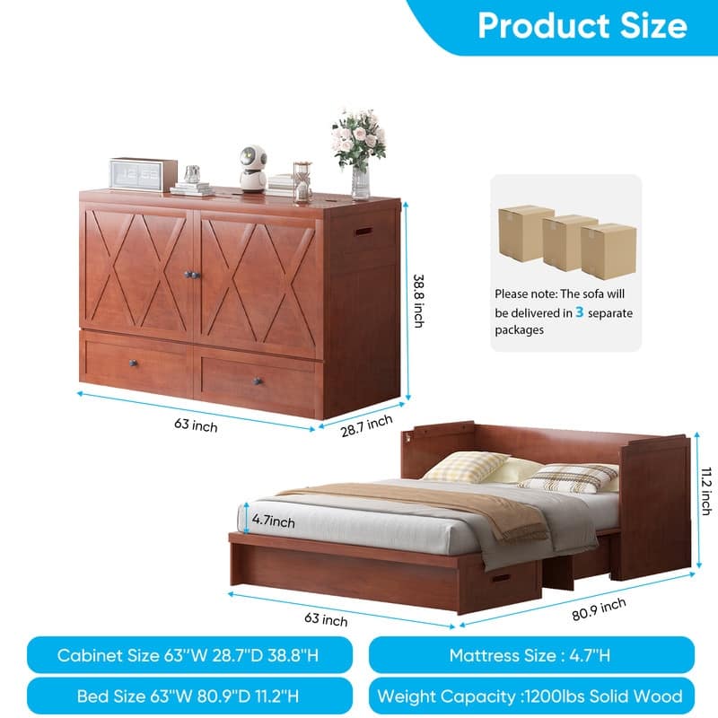 Mixoy Queen Size Murphy Bed with Charging Station & Storage Drawer,Space-Saving Design,Optional Mattress