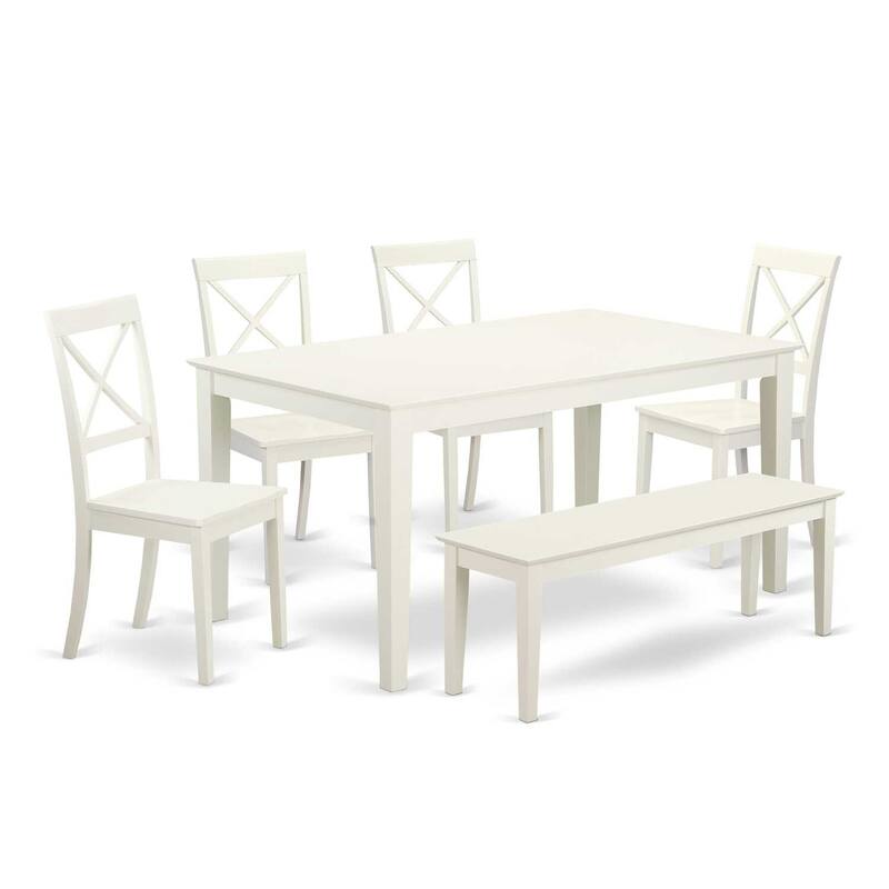 HomeStock 6-Piece Rectangle Linen White Finish Solid Wood Top Dining Table with 1 Bench, 4 Chairs with Lattice Back