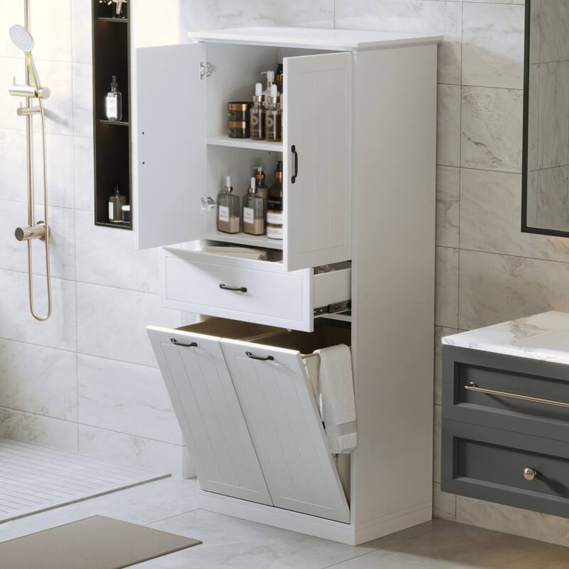 Bathroom Storage Cabinet with Two Laundry Baskets, Storage Cabinet with Doors and Drawer for Home