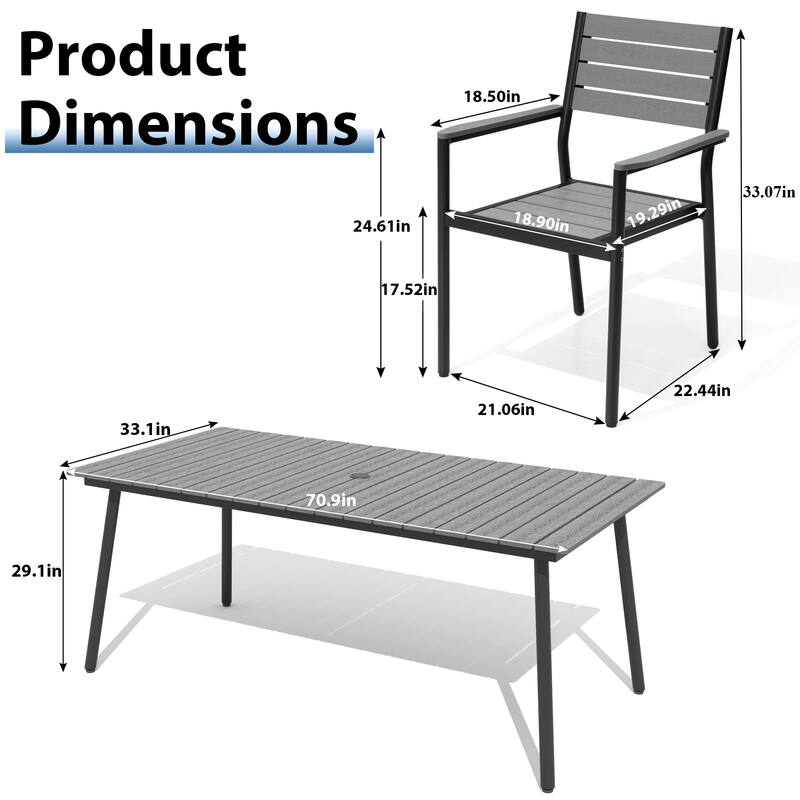 7/9-piece Outdoor Aluminum Rectangle Patio Dining Table with Umbrella Hole and Chairs