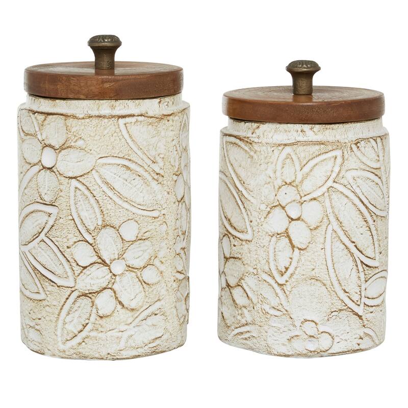 White Ceramic Handmade Intricately Carved Living Room Decorative Jars with Wood Lids (Set of 2)