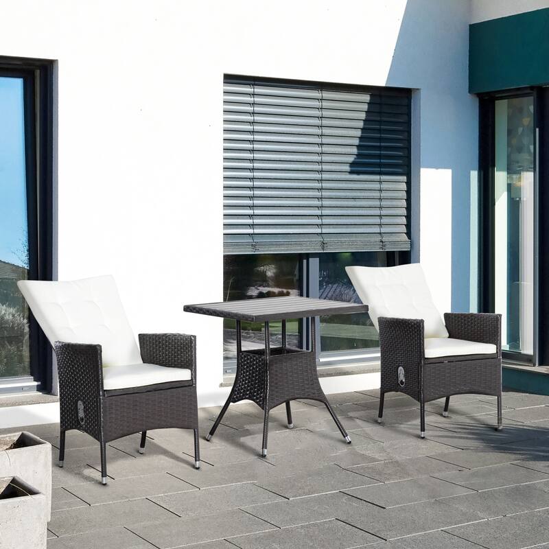 Outsunny 3 Pieces Patio PE Rattan Sofa Set, Outdoor Recliner Chairs Wood Grain plastic Top Coffee Table - Cream White