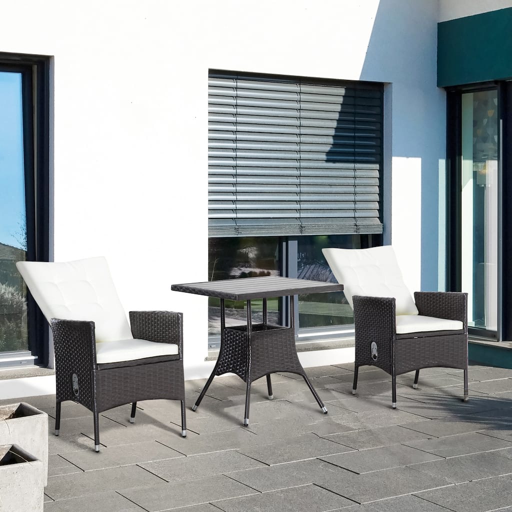 Outsunny 3 Pieces Patio PE Rattan Sofa Set, Outdoor Recliner Chairs Wood Grain plastic Top Coffee Table