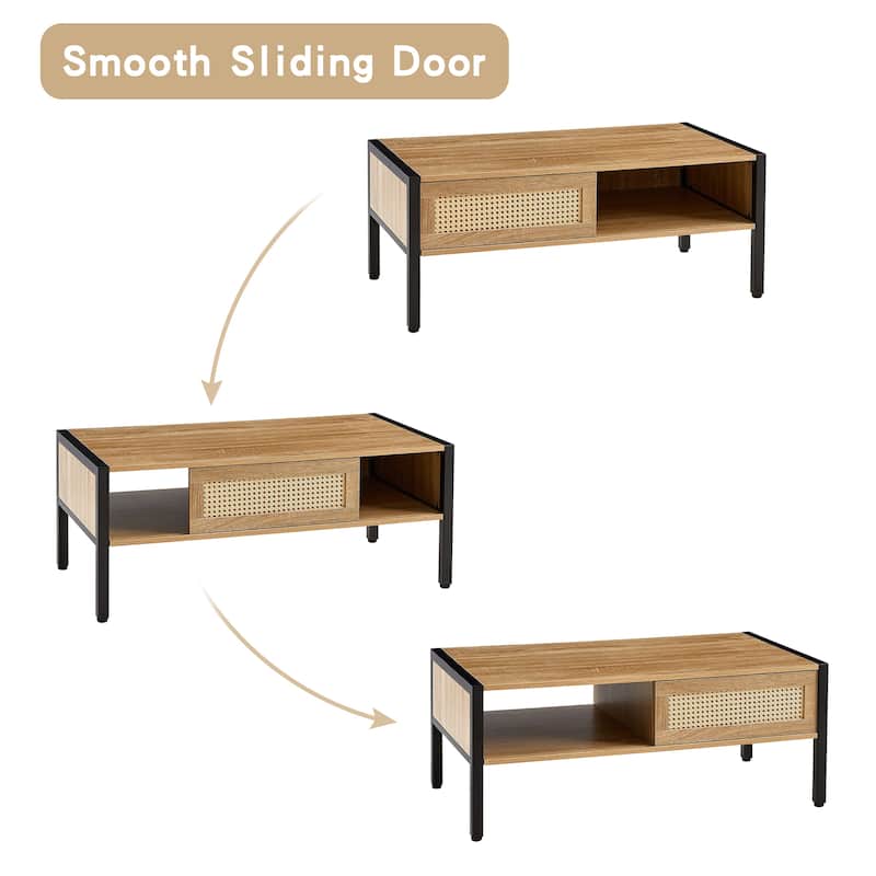40.16"Rattan Coffee table,sliding door for storage,metal legs,Modern table for living room