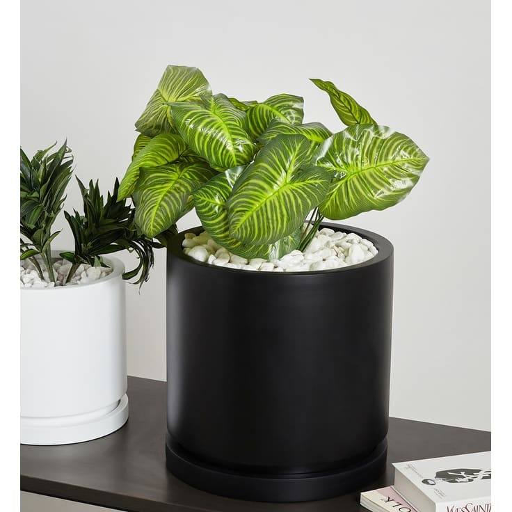 Indoor/Outdoor Large 1-Piece Nordic Minimalist Fiberstone Lightweight Round Planter Pot With Saucer - 15, 11 inch Matte Finish
