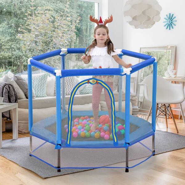slide 2 of 5, 55'' Toddlers Trampoline with Safety Enclosure Net and Balls, Indoor Outdoor Mini Trampoline for Kids Kids