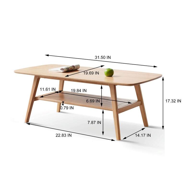 Natural Solid Wood Coffee table with storage shelf