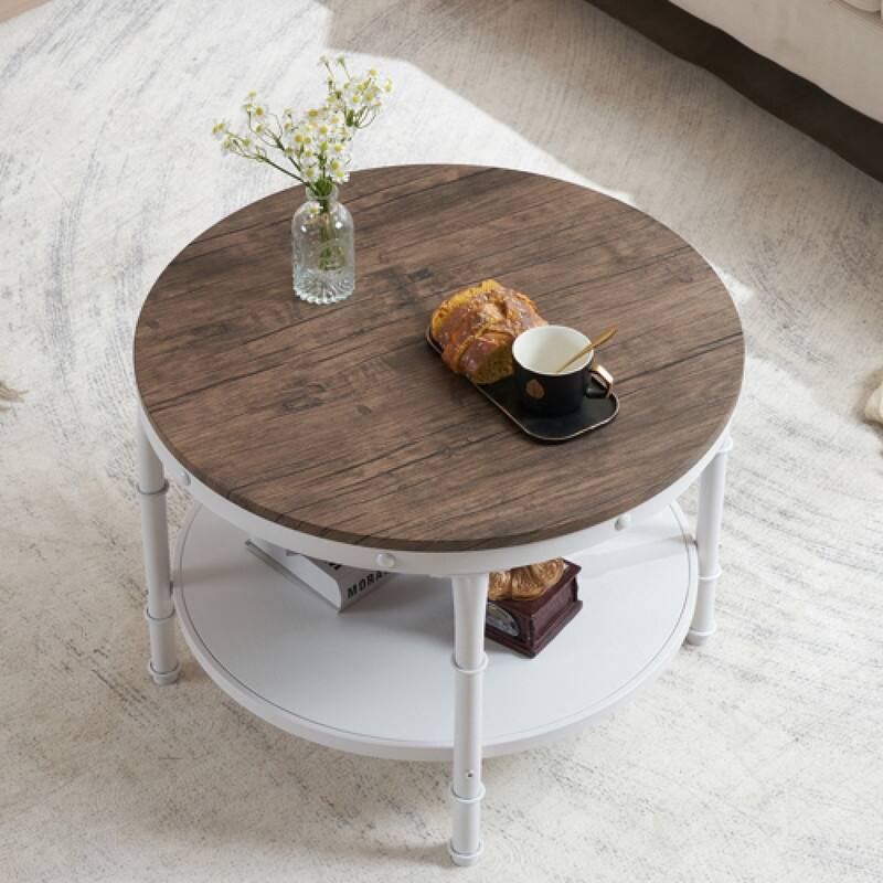 Double-layer Round Dark Walnut-colored Black-veined MDF Panel, White Wrinkled Baked Iron Frame, Industrial Style Coffee Table