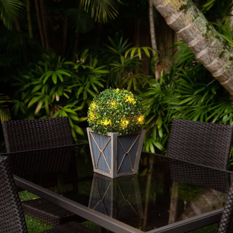 18" UV Resistant Boxwood Ball Topiary with LED Lights in Planter - Green