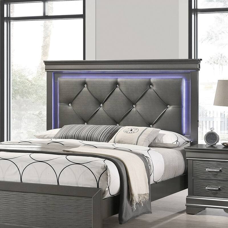 Modern Style 1pc Bed Set Built In LED Lights Diamond Button Tufted Headboard Gray Finish Bedroom Furniture