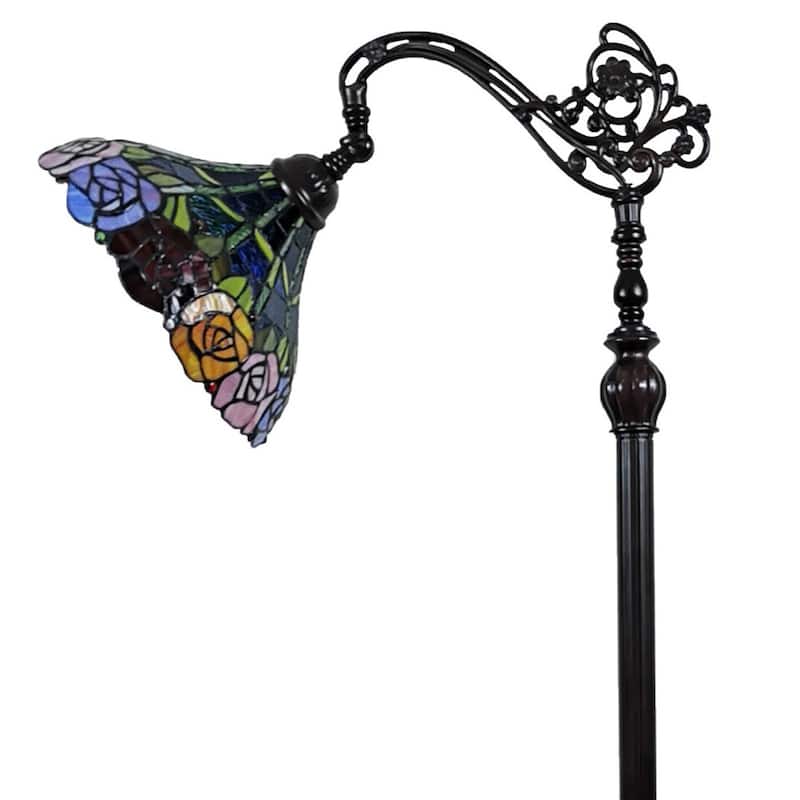 Black Iron Torchiere Floor Lamp with Stained Glass Dome Shade and 3 Way Switch - 12” x 12” x 62” (D x W x H)