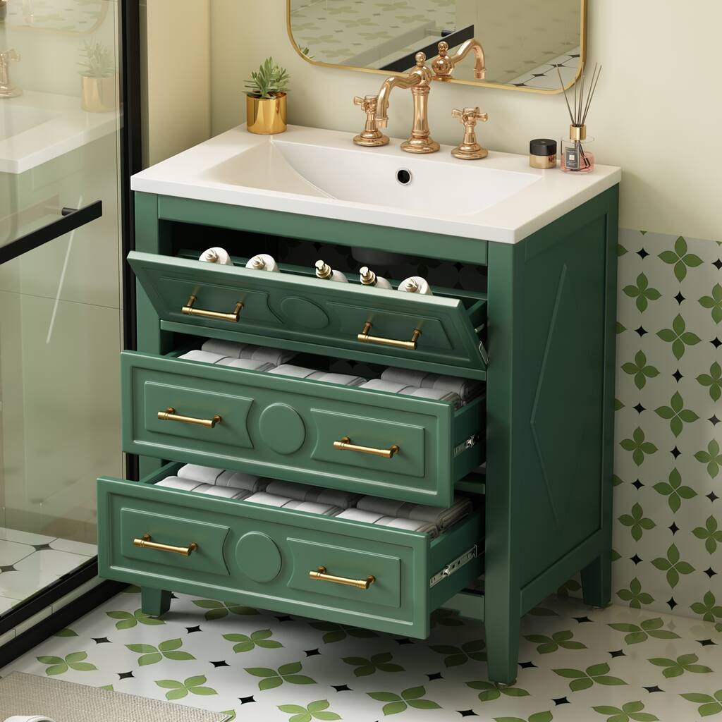 Free Standing Single Vanity Set with 3 Drawers, Solid Wood Frame Bathroom Storage Cabinet