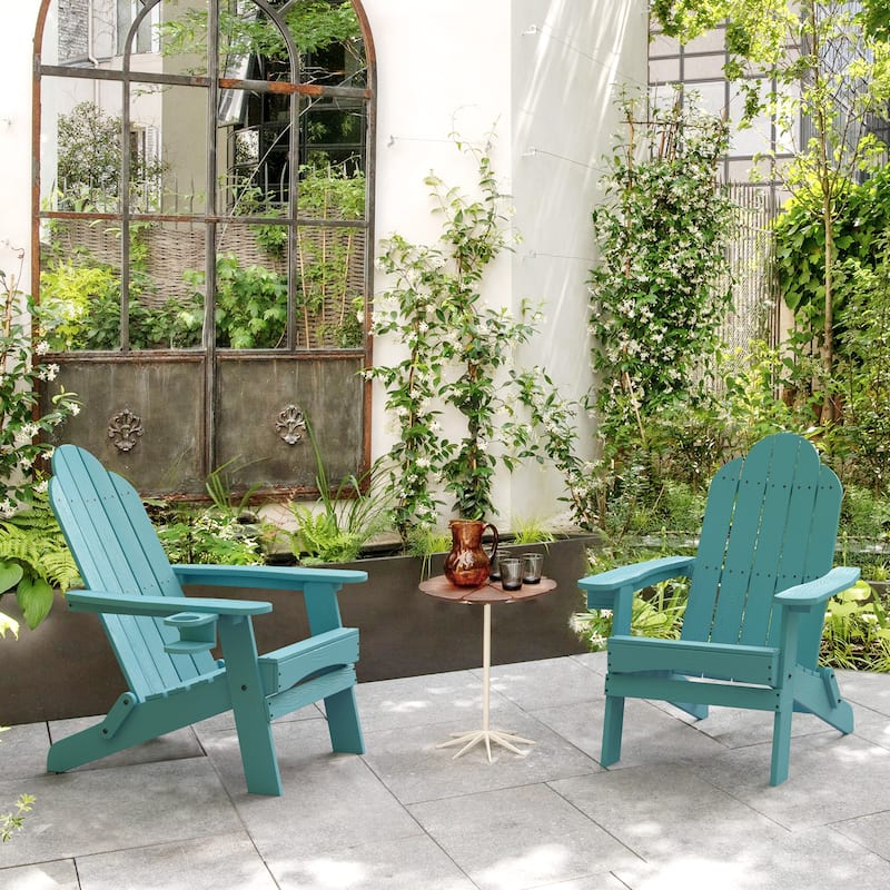 All-Weather Folding Plastic Outdoor Patio Adirondack Chairs With Cup Holder Set of 2 - 35"D x 30"W x 36.2"H - Lake Blue
