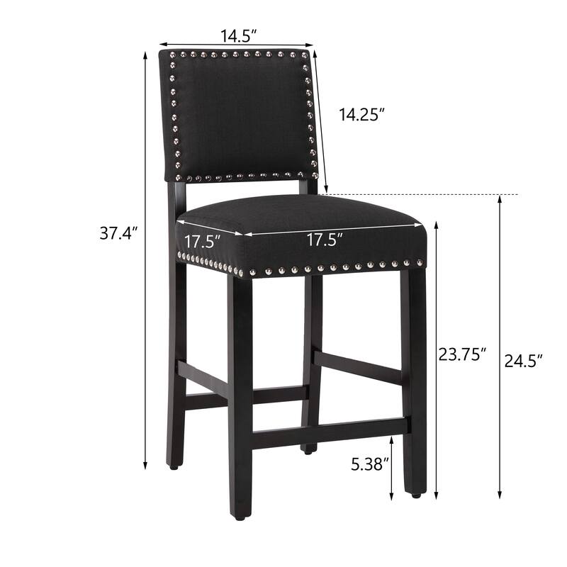 24 Inches Fabric Upholstered Counter Height Bar stools with Back and Silver Nailhead Trim Set of 2