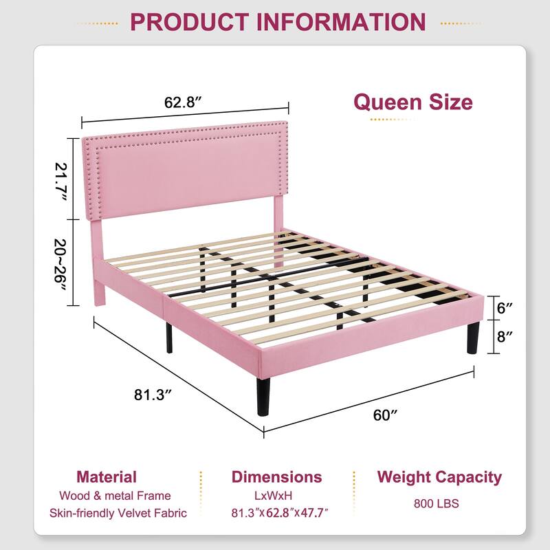 Upholstered Platform Bed Frame with Adjustable Headboard, Velvet Nailhead Trim, No Box Spring Needed