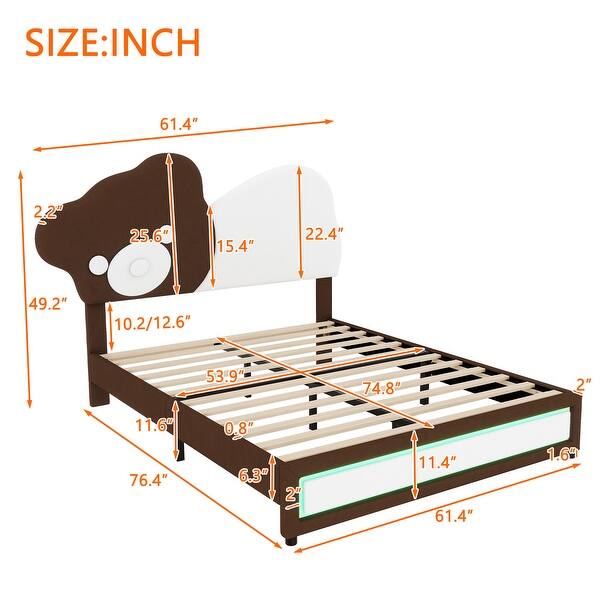 dimension image slide 1 of 2, Twin/Full Size Upholstered Bed,Kid Bed with Carton Shaped Headboard and LED Light Strips
