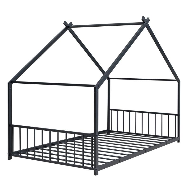 Kids Twin Metal House Bed with Roof and Playhouse Design, Sturdy Frame, and Slats Included, 350lbs Weight Capacity
