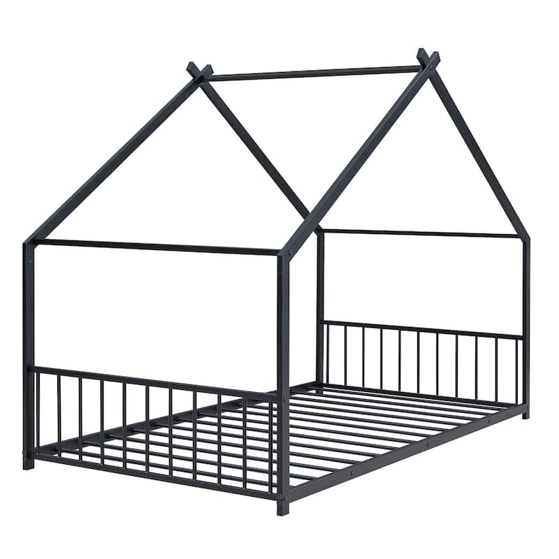 Playhouse Design Twin Bed with Roof and Metal Frame, Perfect for Kids' Rooms