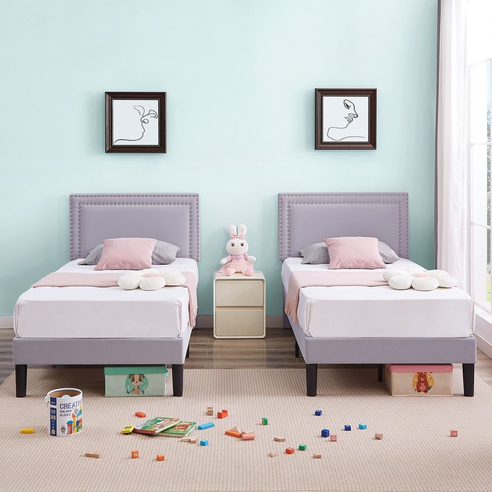 VECELO Twin Size Kids Beds Set of 2 Adjustable Headboard Soft Upholstered Headboard with Rivet Detail 8" Underbed Storage