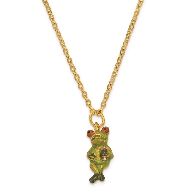 Curata Pewter Bejeweled Crystals Gold-Tone Enameled Vivacious Vino Frog Trinket Box on 18 Inch Necklace