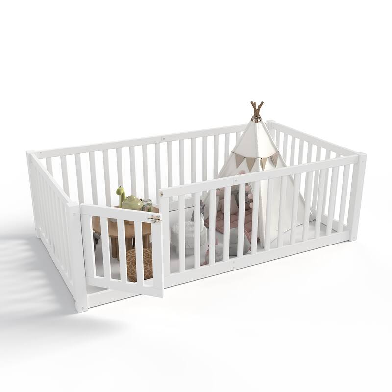 Montessori Floor Bed with Safety Guardrails & Door, Kids Low Profile Frame, Available in Queen/Full/Twin
