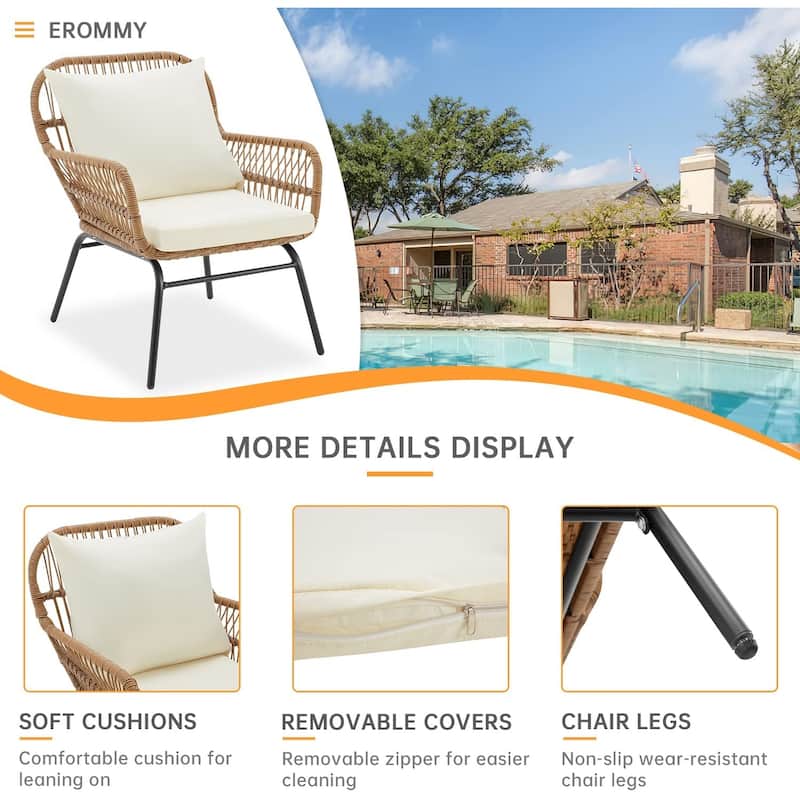 EROMMY 3-Piece Patio Conversation Set with Glass Table & 2 Armchairs, Seat Cushions