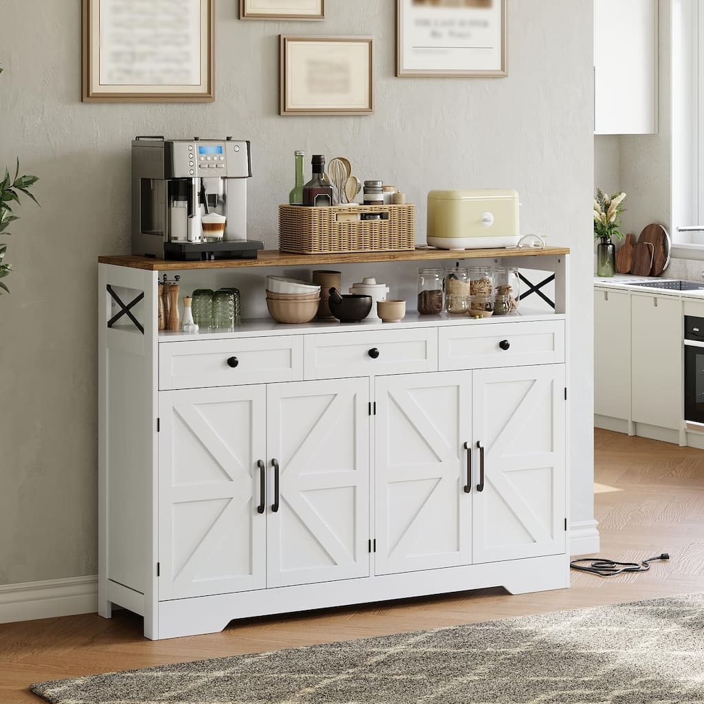 51" Modern Farmhouse Sideboard Buffet Cabinet with Storage, Wood Buffet Storage Cabinet with Charging Station