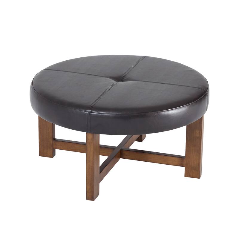 Christopher Knight Home - Marlowe Modern Round Faux Leather Ottoman Coffee Table with Tufted Top and Wood Base