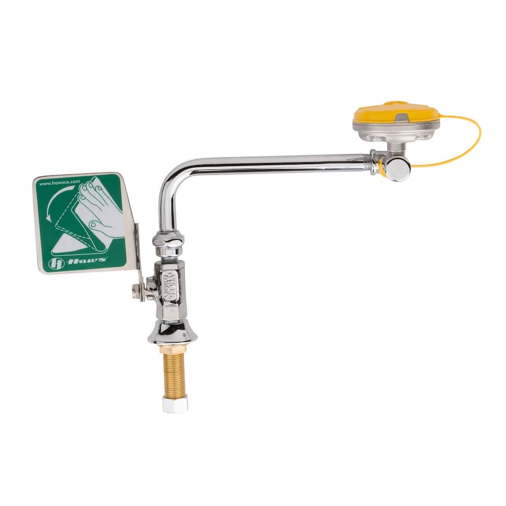 Haws Swing-away eyewash designed to be mounted on left side of sink.